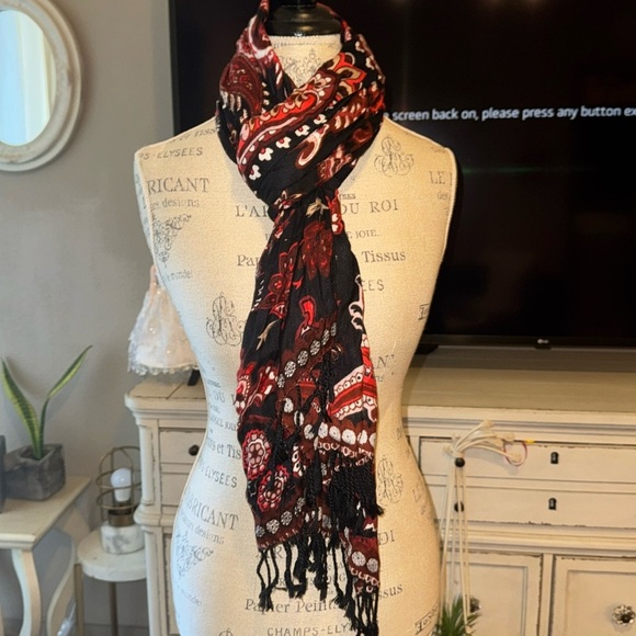 Accessories - Neck scarf shawl wrap black red maroon white paisley with black braided tassels​
